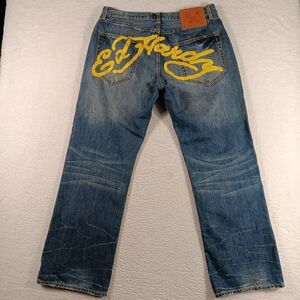 Vtg Ed Hardy By Christian Audigier Jeans Mens 38x32 (36x32) Blue Baggy Spellout
